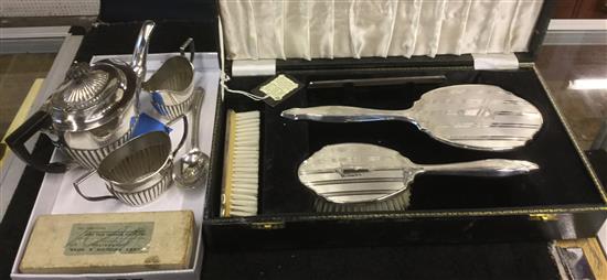 Silver 3 piece teaset, brush set, 7 spoons and sundry plated wares